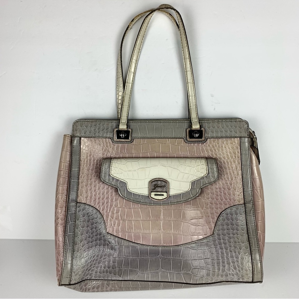 Guess Handbag Purse Tote Croc Embossed Patent Leather‎ Pink Gray - READ